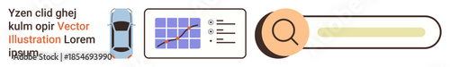 Data visualization, navigation systems, search optimization, transport analytics, UI design, digital tools. Graph with data, car icon search bar. Data visualization and navigation systems concept