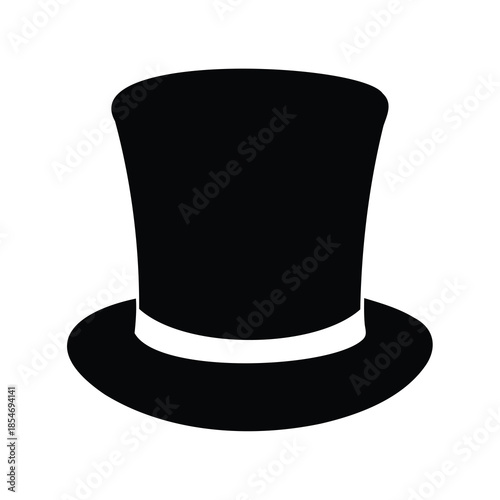 A simple black top hat with a white ribbon isolated on white background