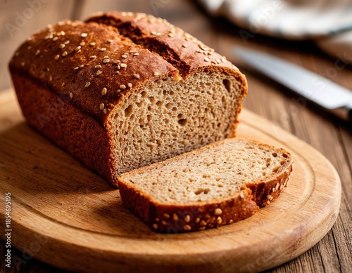 Fresh whole grain bread cut into slices lies in a cutting board and knife.