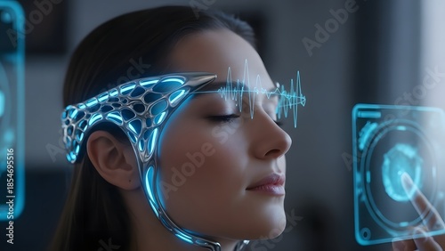 Futuristic vision a woman engages with a glowing cybernetic interface, exploring augmented reality and advanced digital interaction, symbolizing future innovation