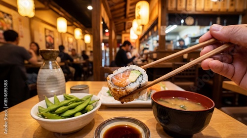 A first-person view of chopsticks holding a fresh salmon sushi roll in a bustling Japanese restaurant, with edamame, miso soup, and sake on the wooden table.