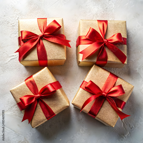 three beautifully wrapped gifts with red and gold