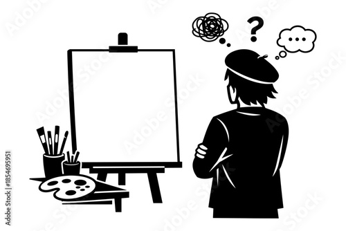 Artist contemplating a blank canvas with a question mark and thought bubbles