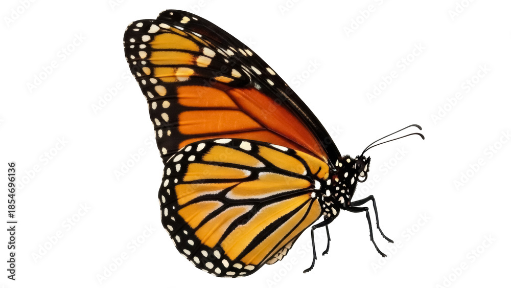 Fototapeta premium Isolated Monarch Butterfly, Wing Pattern, Wildlife, Orange and Black, Beautiful Insect