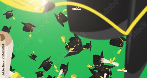Animation of graduation hats and diplomas with ribbons falling against beige background
