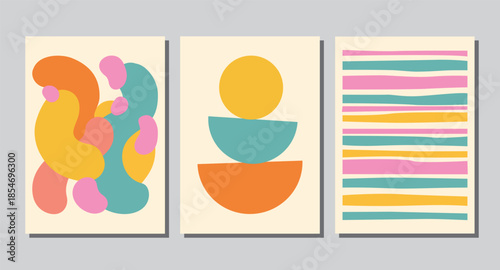 Bohemian vintage retro poster set in summer minimalist hand draw abstract art style. Boho modern aesthetic illustration. Palm leaf, geo element design for wall decoration, postcard, poster, brochure