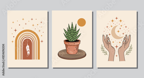 Bohemian vintage retro poster set in summer minimalist hand draw abstract art style. Boho modern aesthetic illustration. Palm leaf, geo element design for wall decoration, postcard, poster, brochure