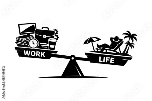 Balancing work and life on a seesaw with icons representing each side