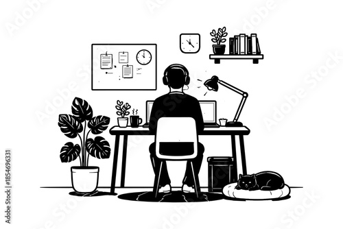 Person working from home with headphones and laptop, a cat rests nearby