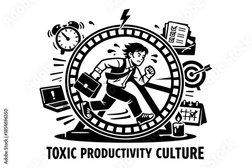 Businessman running on a hamster wheel symbolizing toxic productivity culture and burnout