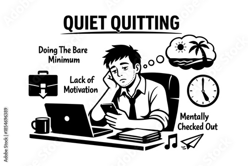 Quiet Quitting concept illustration showing a bored employee disengaged from work and dreaming of vacation