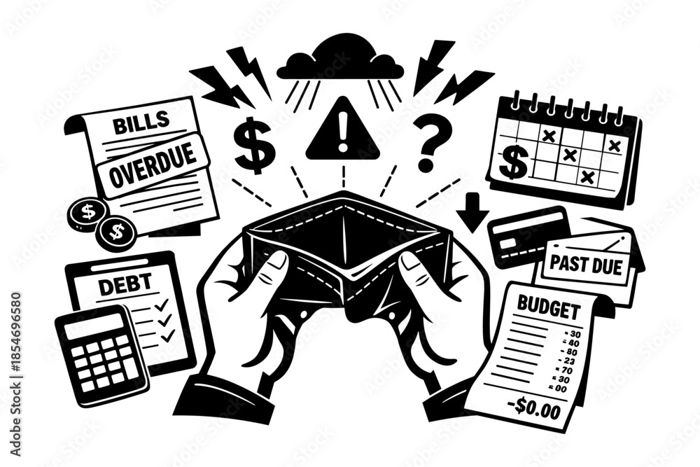 Fototapeta premium Empty wallet and financial stress symbols, representing debt and overdue bills