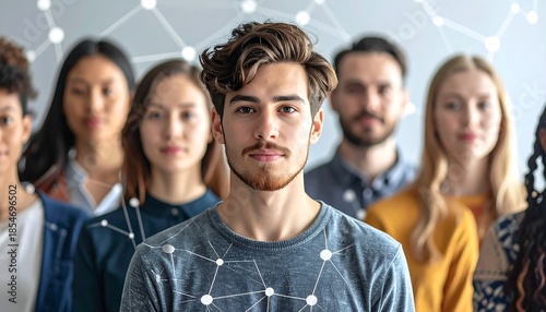 Diverse group of people looking at the camera, abstract background