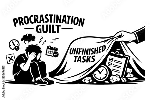 Procrastination guilt overwhelms person hiding from unfinished tasks and deadlines