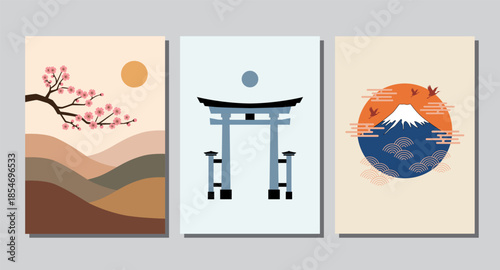Japanese vintage retro poster set in minimal line art style. Abstract template with layout design in oriental style and geometric pattern. Design for wall decoration, postcard, poster or brochure