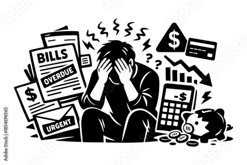 Man overwhelmed by financial stress with overdue bills, debt, and a broken piggy bank