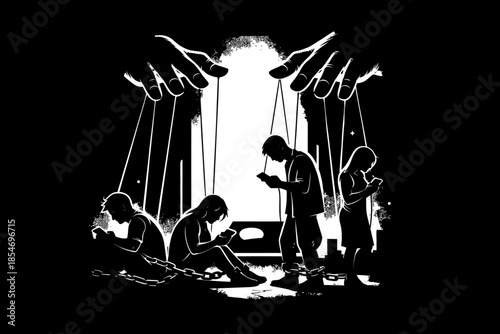 Puppet master hands control chained people addicted to smartphones in dark illustration