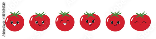 Set tomatoes, ripe red tomato vegetable, cute cartoon character, happy smiling face, emotions joy delight, big eyes, kawaii style, flat vector illustration.