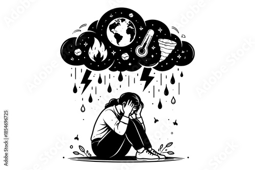 Person overwhelmed by climate change disasters, feeling stressed and anxious
