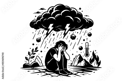 Person overwhelmed by storm clouds, lightning, and falling objects, symbolizing distress