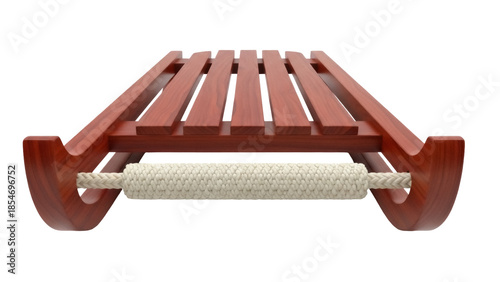 Fotografie Isolated red cedar sleigh with rope, traditional wooden sledge, winter fun in co