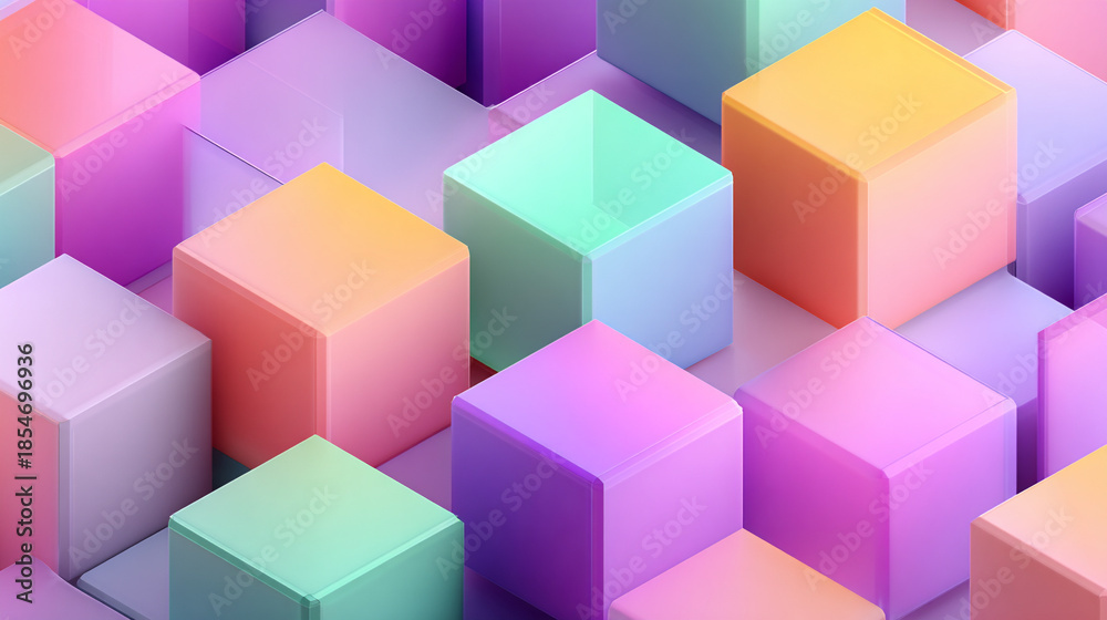 Fototapeta premium Iridescent neon cubes arranged in a modern abstract pattern, glowing with vibrant colors against a dark background, creating a futuristic, digital, and visually striking atmosphere.