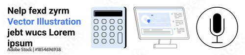 Technology, communication, finance, data analysis, education, sound recording. a calculator, monitor with data and mic symbol. Technology and communication in modern workflows concept