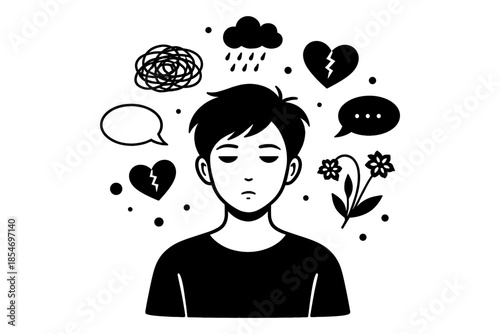 Sad young man with broken heart and rain cloud symbols in his thoughts