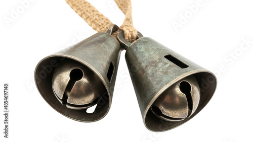 Slika na platnu Isolated rustic metal cow bells with jute string, vintage decoration hanging bel