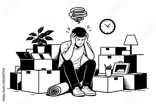 Man overwhelmed by moving boxes, feeling stressed and anxious about the big change