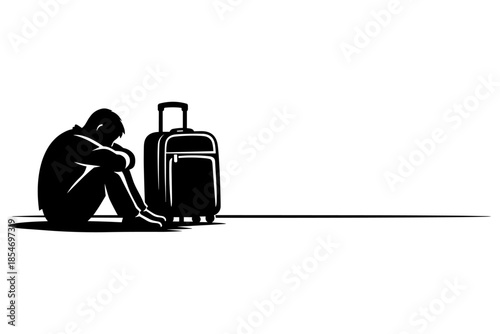 Silhouette of a sad person sitting next to a suitcase, symbolizing loneliness and travel
