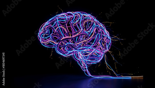 Neon cables twist into brain shape against black background at night