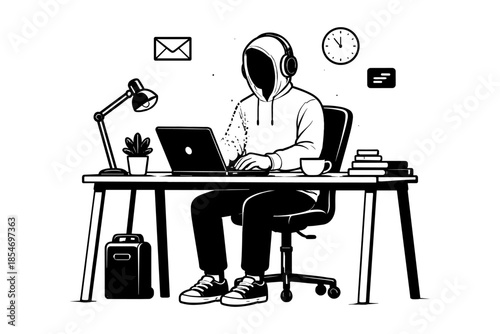 Anonymous person in hoodie and headphones working on laptop at desk
