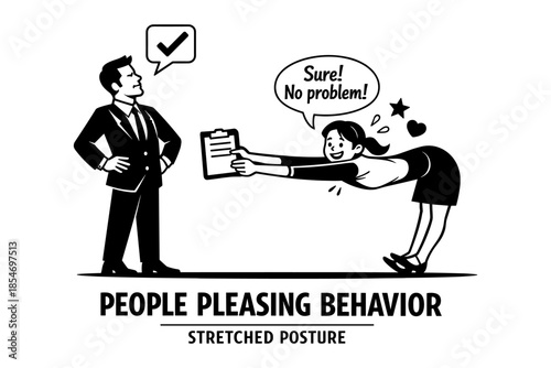 Woman bends over backward to please boss, who approves with a checkmark