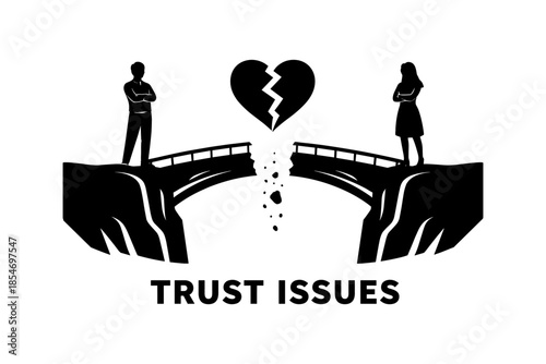 Broken bridge and heart symbolize relationship trust issues between a couple