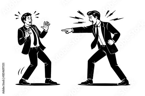 Angry businessman yelling and pointing at a scared colleague in a suit