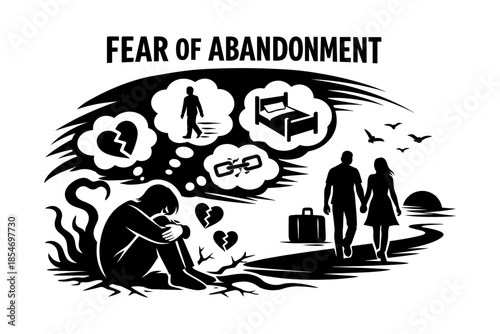 Illustration of fear of abandonment with symbols of loneliness and separation