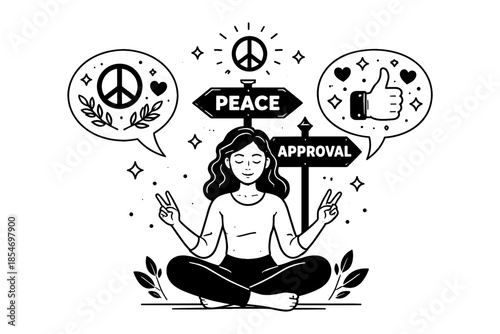 Woman meditating at a crossroads choosing between peace and approval