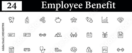 Set of 24 black and white line icons representing employee benefits and compensation package elements