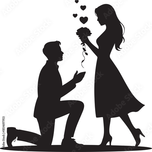Man Proposing to Woman Silhouette, Romantic Black and White Flat Vector Illustration