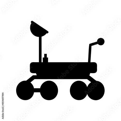 Stylized black silhouette of a lunar or Martian rover on white