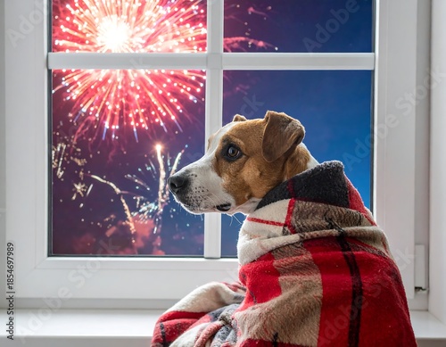Dog wrapped in blanket watches fireworks display through window