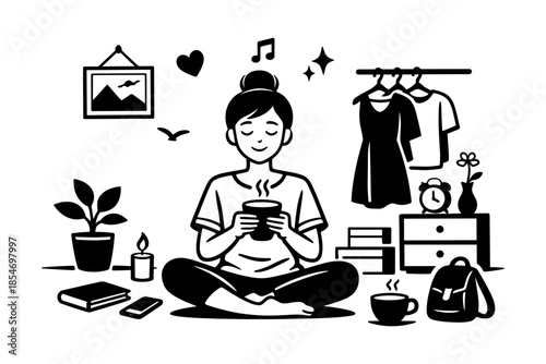 Woman enjoying a peaceful moment with a warm drink surrounded by cozy home elements