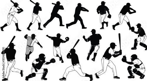 Baseball players in various poses black silhouettes on white background