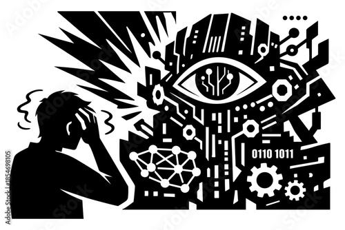 Man overwhelmed by complex technology and artificial intelligence, feeling stressed and confused