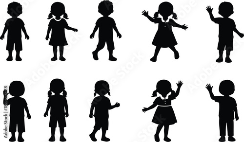 Collection of diverse black silhouettes of children in various poses