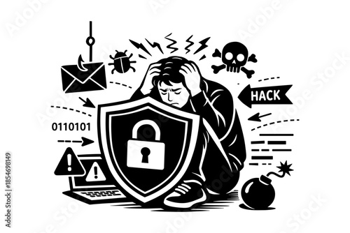 Cybersecurity threat and data protection concept with stressed person and digital security icons