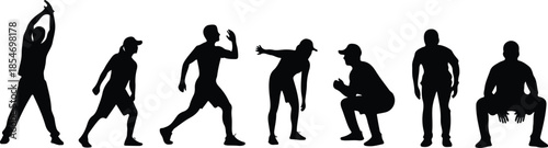 Seven black silhouettes of people in various dynamic poses