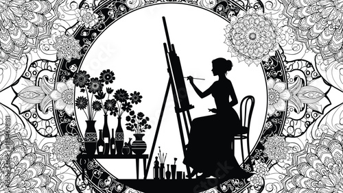 Silhouette of woman artist painting at easel with flowers, intricate floral mandala background, adult coloring book page, black and white vector
