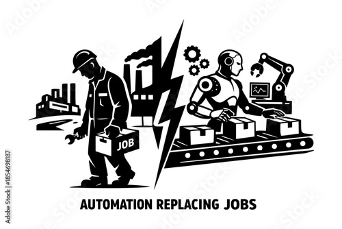 Human worker with toolbox contrasts with robot on assembly line, automation replacing jobs